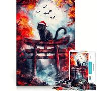 Puzzle 1000 pièces pour Adolescents Chat Noir dans Une Porte Torii Découpe précise,Jeu d'exercice cérébral,détente,Cadeau d'anniversaire (38x52cm)