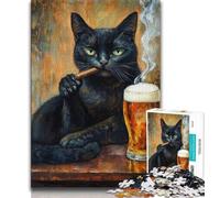 Puzzle 1000 pièces pour Adolescents Chat Noir fumant 1000 pièces pour Adolescents, Jeu de Quiz, décoration Murale, Cadeaux d'anniversaire et de Noël Uniques (Taille 75x50cm)