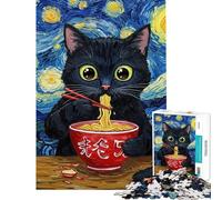Puzzle 1000 pièces pour Adolescents Chat Noir Mangeant des Ramen Style Van Gogh Puzzle pour Adultes Jouet Anti-Stress idéal pour se détendre à la Maison Cadeau Unique pour Un Anniversaire ou Noël