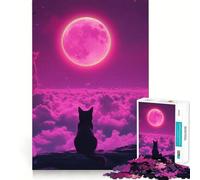 Puzzle 1000 pièces pour Adolescents Chat Noir sous la Lune Rose Découpe précise,Jeu d'exercice cérébral,détente et Divertissement pour Un Anniversaire (38x26cm)