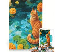 Puzzle 1000 pièces pour Adolescents Chat Orange dans Un étang de nénuphars Fleuris Jeu éducatif Interaction Parent-Enfant idéal comme Cadeau 38x52cm