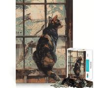 Puzzle 1000 pièces pour Adolescents Chat regardant par la fenêtre Peinture Aquarelle Bords précis Exercice Mental Jeu Amusant et Calme Cadeau d'anniversaire Artistique (50x75cm)