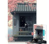 Puzzle 1000 pièces pour Adolescents Chat sur Balcon avec Fleurs de Cerisier Art aux Bords précis Activité intellectuelle Jeu de détente Cadeau d'anniversaire Artistique (38x52cm)