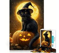 Puzzle 1000 pièces pour Adolescents Chat sur Citrouille Clair de Lune Art aux Bords précis Activité intellectuelle Jeu de détente Cadeau d'anniversaire Artistique (50x75cm)