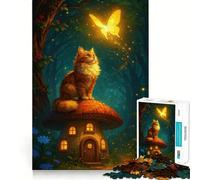 Puzzle 1000 pièces pour Adolescents Chat sur Maison Champignon avec Papillon Bordure précise Activité intellectuelle Jeu de détente Cadeau d'anniversaire Artistique (50x75cm)