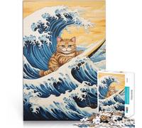 Puzzle 1000 pièces pour Adolescents Chat Surfant sur la Vague Japonaise Casse-tête pour est idéal comme Cadeau pour Toute la Famille 75x50cm