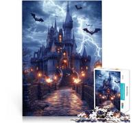 Puzzle 1000 pièces pour Adolescents Château hanté dans la tempête Assemblage du modèle avec Affiche et Feuille de Questions correspondantes 52x38cm