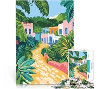 Puzzle 1000 pièces pour Adolescents Chemin de Village Tropical Pastel, Art Minimaliste Défi Difficile Une œuvre d'art 38x26cm