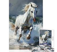 Puzzle 1000 pièces pour Adolescents Cheval Blanc galopant dans Les Vagues Jeu éducatif pour Femmes et Hommes Jeu de détente Parent-Enfant Dimensions 50x75cm