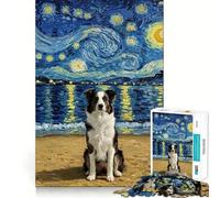 Puzzle 1000 pièces pour Adolescents Chien Border Collie sur la Plage sous Un Ciel étoilé Découpe précise Jeu d'exercice cérébral,détente et Amusement pour Un Anniversaire (50x75cm)