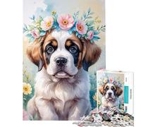 Puzzle 1000 pièces pour Adolescents Chiot Saint-Bernard avec Couronne de Fleurs Aquarelle Défi éducatif Décoration Murale Jeux relaxants À partir de 14 Ans (38x52cm)