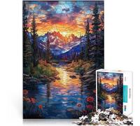Puzzle 1000 pièces pour Adolescents Coucher de Soleil sur la Montagne en vitrail Jeux Amusants Une œuvre d'art 38x26cm