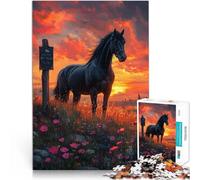 Puzzle 1000 pièces pour Adolescents Coucher de Soleil sur Le Cheval Noir Jeu de Quiz Offrir en Cadeau à Toute la Famille 38x26cm