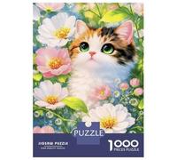 Puzzle 1000 Pièces pour Adolescents Cute Cat Surrounded by Flowers Puzzles pour Adultes pour S'amuser en Famille Stimule Le Cerveau Jeu Au Design Élégant 38x26cm/1000pcs