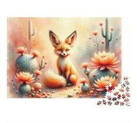 Puzzle 1000 Pièces pour Adolescents Desert Fox with Cactus Flowers Les Puzzles pour Adolescents Améliorent La Mémoire - Cadeau d'anniversaire, De Noël 52x38cm/1000pcs