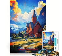 Puzzle 1000 pièces pour Adolescents Église en Bois Debout de Borgund,Norvège Art sans Couture Jeu de réflexion Cadeau Temps de Repos et de Jeu Loisirs créatifs de Noël (38x26cm)