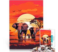 Puzzle 1000 pièces pour Adolescents Éléphants d'Afrique au Coucher du Soleil Casse-tête est idéal comme Cadeau pour Toute la Famille 75x50cm