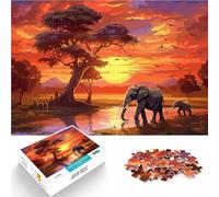 Puzzle 1000 pièces pour Adolescents Éléphants d'Afrique au Coucher du Soleil Casse-tête est idéal comme Cadeau pour Toute la Famille 38x26cm