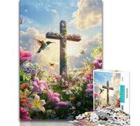 Puzzle 1000 pièces pour Adolescents et Adultes : Belle Croix avec Fleurs, Jeu Familial Anti-Stress, défi Difficile, renforce l'amour Entre Couples, 38x26cm