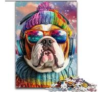 Puzzle 1000 pièces pour Adolescents et Adultes Bulldog écoutant de la Musique Défi Difficile avec des pièces entièrement emboîtables de Formes aléatoires (Taille 26x38cm)