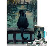 Puzzle 1000 pièces pour Adolescents et Adultes Chat Noir Assis sur Le Pont Puzzles pour Adultes, Jeu Familial Anti-Stress Défi Difficile Convient aux Couples (Taille 75x50cm)