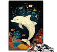 Puzzle 1000 pièces pour Adolescents et Adultes Dauphin Blanc, Anti-Stress, défi Difficile avec Affiche et fiche de Questions-réponses Assorties 26 x 38 cm