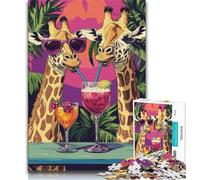 Puzzle 1000 pièces pour Adolescents et Adultes Girafe Buvant Une Boisson Puzzles pour Adultes, Jeu Familial Anti-Stress Défi Difficile Convient aux Couples (Taille 75x50cm)