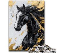 Puzzle 1000 pièces pour Adolescents et Adultes, Jeu éducatif, Cheval Noir et doré, idéal pour Les Anniversaires et Noël, à partir de 14 Ans, 26x38cm