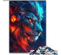 Puzzle 1000 pièces pour Adolescents et Adultes Lion Portant Un Casque Audio, Anti-Stress, défi Difficile, Cadeaux du Père Noël Secret (Taille 26x38cm)