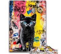 Puzzle 1000 pièces pour Adolescents et Adultes, Motif Graffiti Chat Noir, Anti-Stress, défi Difficile, idéal pour la décoration de Bureau, 26x38cm