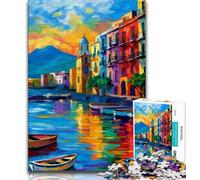Puzzle 1000 pièces pour Adolescents et Adultes Peinture du Front de mer de Naples, Italie, Difficile à compléter mais Amusant et Humoristique, Anniversaire et Cadeaux Uniques 38x26cm