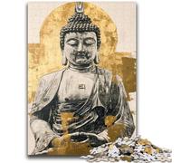 Puzzle 1000 pièces pour Adolescents et Adultes Statue de Bouddha doré Anti-Stress Défi Difficile avec Affiche et fiche de Questions correspondantes 26x38cm