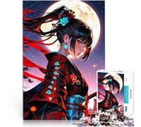 Puzzle 1000 pièces pour Adolescents Femme samouraï au Clair de Lune en Kimono Rouge Jeu intellectuel Super Cadeau 75x50cm