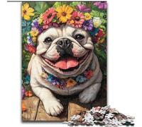 Puzzle 1000 pièces pour Adolescents Fleurs Bulldog, pour 14 Ans et Plus Un Jeu Stimulant à Offrir à Toute la Famille et aux Amis (Taille 50x75cm)