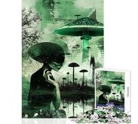 Puzzle 1000 pièces pour adolescents Forêt de champignons et d'extraterrestres Jeu éducatif artistique vert Activités familiales Décoration murale Cadeau original pour un anniversaire ou Noël (38x52cm)