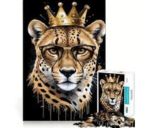 Puzzle 1000 pièces pour Adolescents Guépard avec Couronne et Lunettes Jeu d'articulation Fine Amusant et Stimulant Jeu Confortable Cadeau d'anniversaire (38x52cm)