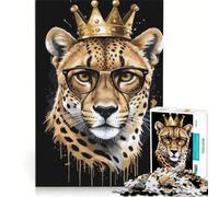 Puzzle 1000 pièces pour Adolescents Guépard avec Couronne et Lunettes, Jeu Relaxant, Anti-Stress, Cadeau Original d'anniversaire ou de Noël 38x26cm