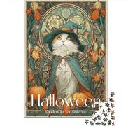 Puzzle 1000 Pièces pour Adolescents Halloween Witch Cat Art Print-5 Puzzles pour Adultes pour S'amuser en Famille Stimule Le Cerveau Jeu Au Design Élégant 38x26cm/1000pcs
