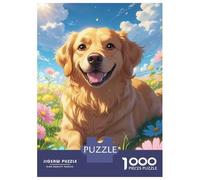 Puzzle 1000 Pièces Pour Adolescents Happy Golden Retriever Dog in Sunny Flower Meadow - Cute Anime Style Cartoon Dog Portrait Art Puzzles Pour Adultes, Jouet, Décoration Murale, Art Mural, Idéal Comme