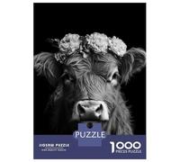 Puzzle 1000 Pièces pour Adolescents Highland Cow with Flower Crown Black and White Photo Portrait Les Puzzles pour Adolescents Améliorent La Mémoire - Cadeau d'anniversaire, De Noël 52x38cm/1000pcs