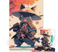 Puzzle 1000 pièces pour Adolescents,Illustration Chat samouraï Jeu Japonais d'articulation Fine,Amusant et Stimulant,idéal pour Un Anniversaire (38x52cm)