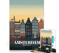 Puzzle 1000 pièces pour Adolescents,Illustration de Paysage Urbain d'Amsterdam,Pays-Bas,sans Couture,Jeu de réflexion,Cadeau pour se détendre,Jouer,Noël,Loisirs artistiques (50x75cm)