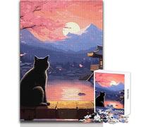 Puzzle 1000 pièces pour Adolescents « La Lune, la Nuit et Le Chat » - Jeu éducatif Japonais - Défi Stimulant - Cadeau d'anniversaire - Dimensions : 50x75cm