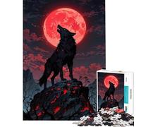 Puzzle 1000 pièces pour Adolescents Loup Noir Hurlant à la Lune Rouge Puzzle 1000 pièces Anti-Stress Jouet pour se détendre Pendant Les Vacances à la Maison Cadeau de Noël ou d'anniversaire (38x26cm)