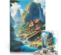 Puzzle 1000 pièces pour Adolescents Maison et Cascade dans Le Style Anime de Ghibli Jouets de Jeu Œuvre d'art 75x50cm