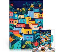 Puzzle 1000 pièces pour Adolescents Maisons colorées d'un Village Tropical Art Minimaliste Casse-tête décoration Murale 75x50cm