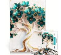 Puzzle 1000 pièces pour Adolescents, Motif Arbre Floral Turquoise sur marbre, Bords précis, Art, entraînement cérébral, Jeu Calme et Amusant, Cadeau d'anniversaire (38x26cm)