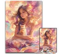 Puzzle 1000 pièces pour Adolescents, Motif Chat et Fille, Puzzle en Bois, intéressant pour réduire Le Stress, idées Cadeaux pour Les 14 Ans et Plus, 50x75cm