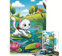 Puzzle 1000 pièces pour Adolescents,Motif Chat et nénuphar,décoration soignée,Jeu d'exercice Mental,Jeu de détente,Cadeau Amusant de Noël (38x52cm)