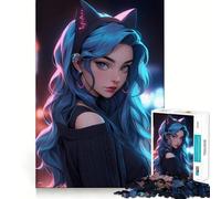 Puzzle 1000 pièces pour Adolescents,Motif Chat Fille,Bleu néon,Anime,Bords précis,Art,entraînement cérébral,Jeu Calme et Amusant,Cadeau d'anniversaire (50x75cm)